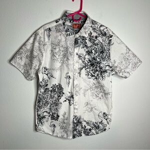 CONSEQUENCE Men's Shirt L White Black Floral Cotton Short Sleeve Button-Up